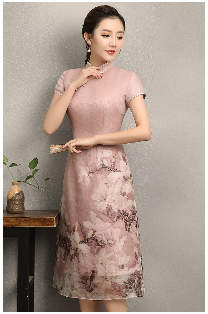 粉色玉兰花旗袍，清新亮丽旗袍裙