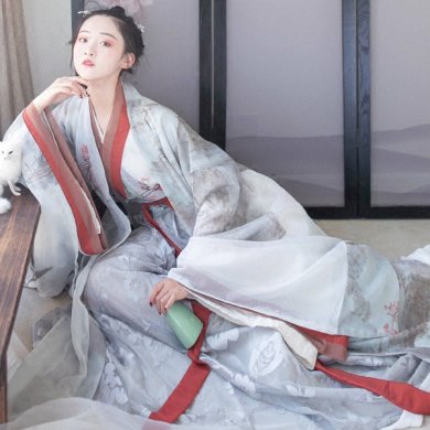 魏晋风交领齐腰襦裙汉服，古风印花雪纺汉服