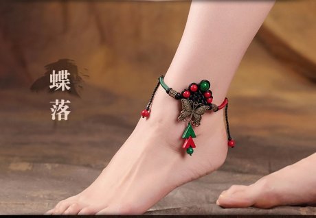 唯美蝶落脚链：古风蝴蝶装饰手工编织脚链