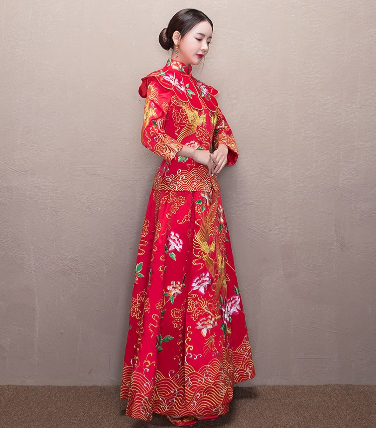 牡丹花领新娘礼服，古典刺绣中式礼服