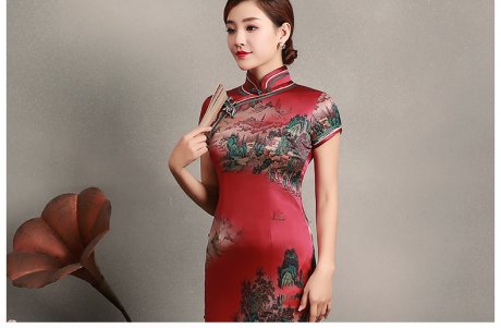 红色山岳短袖旗袍，蚕丝时尚旗袍裙