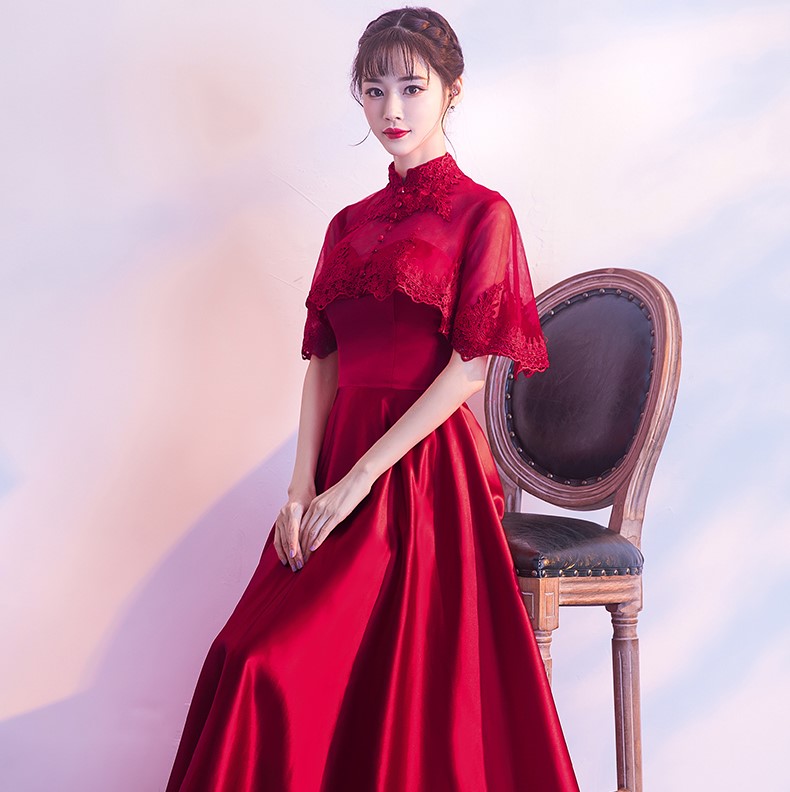 蕾丝披肩中式礼服，甜美中国风晚礼服