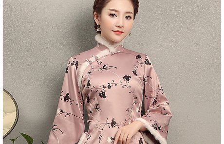 肉粉色芊叶复古兔毛包边女士唐装