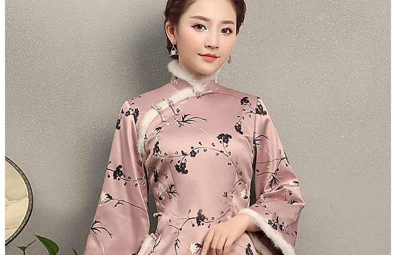 肉粉色芊叶复古兔毛包边女士唐装