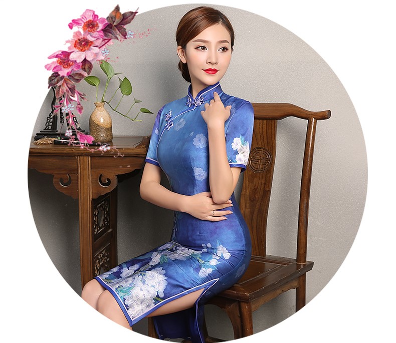 蓝娇印花旗袍，复古真丝旗袍裙