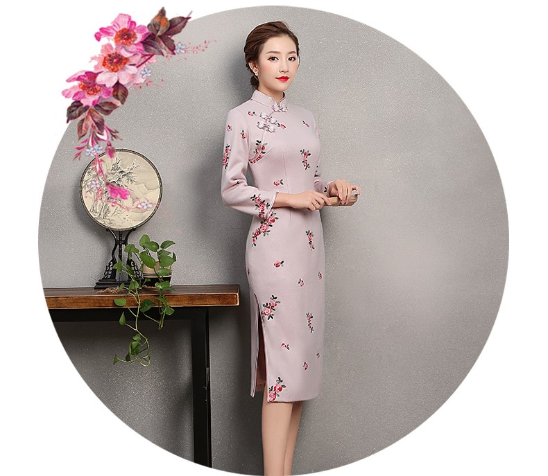 淡粉绣小花旗袍，粉嫩清纯旗袍裙