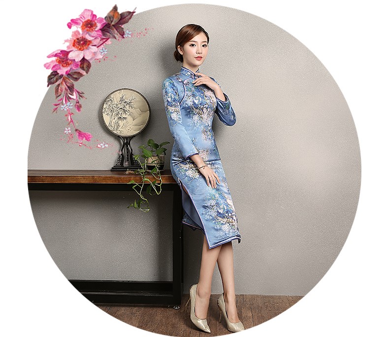 蓝色印花开叉旗袍，时尚优雅旗袍裙