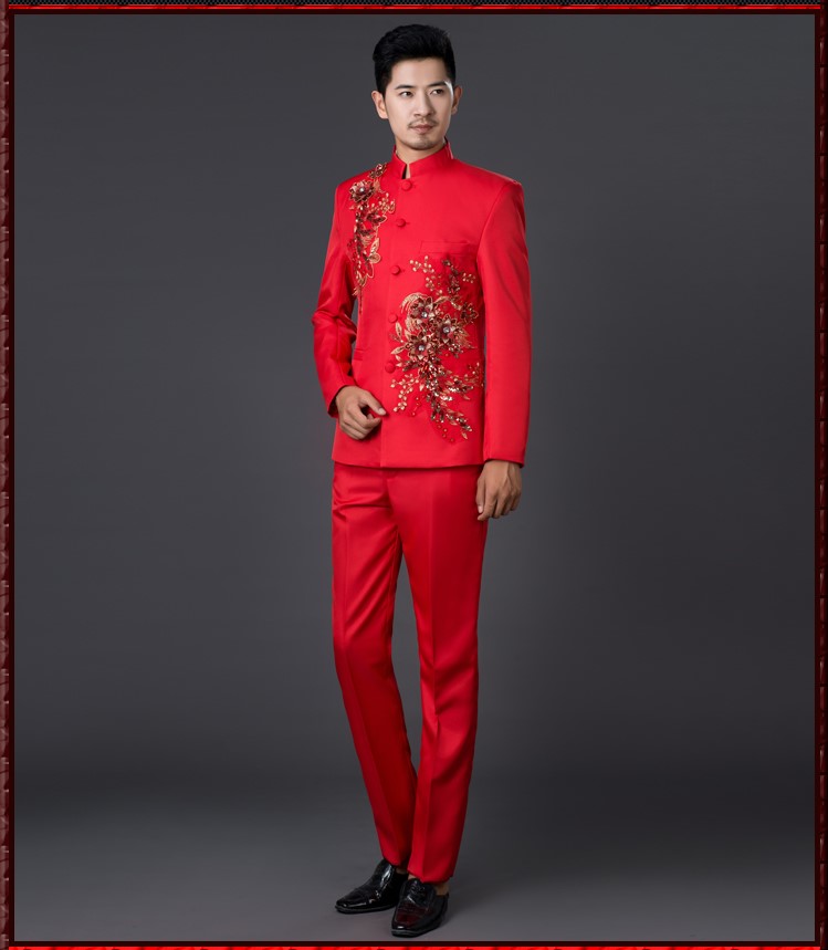 亮片立体花朵中式主持礼服，男士改良中山装