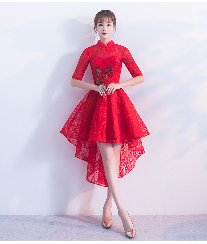 时尚蕾丝中式礼服，前长后短红色晚礼服