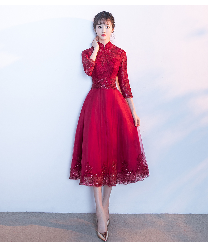 中国风红色中式礼服，长袖修身晚礼服