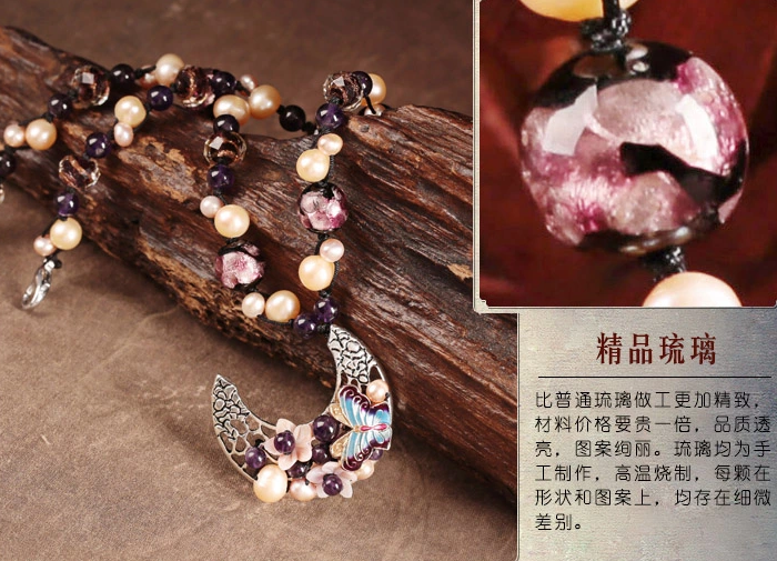 珍珠紫水晶项链，月牙吊坠锁骨链中国风首饰