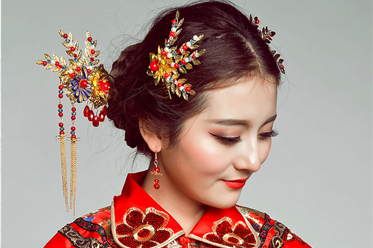 手工精美发饰红雀，古代红色中式发插