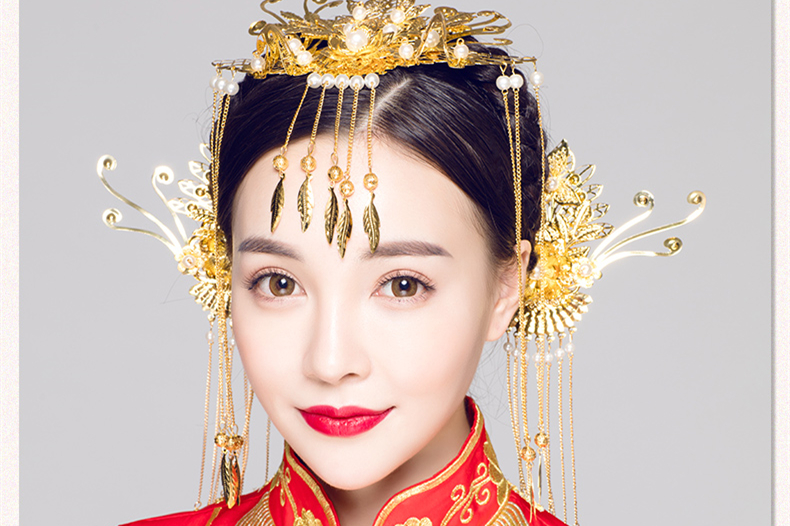 步摇古典造型新娘头饰，金色花枝高贵发饰