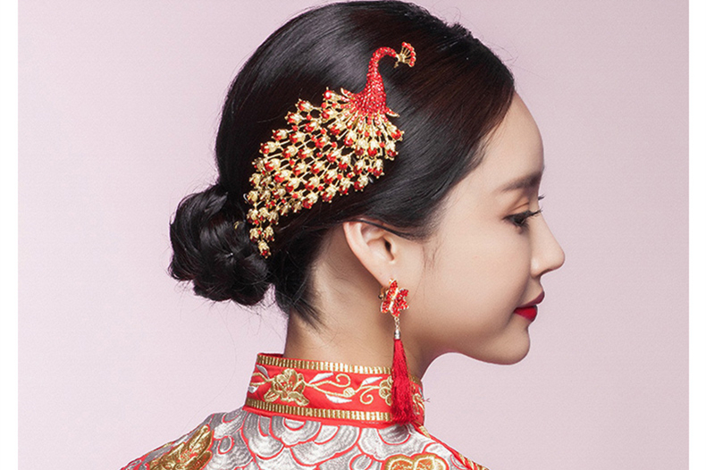 金色中式新娘凤凰头饰，盘发插梳敬酒服发饰