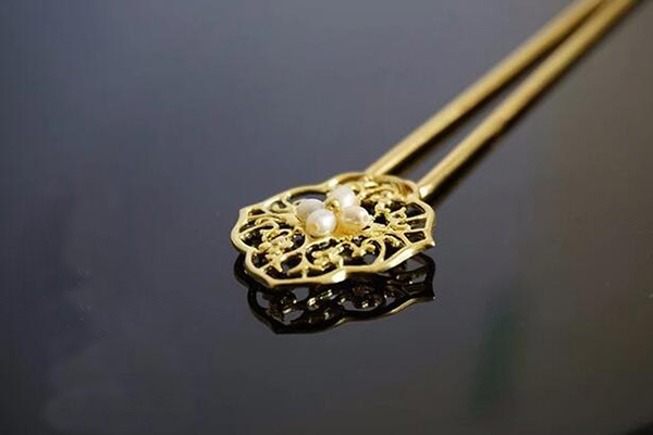 天然淡水珍珠黄铜发钗发簪簪子