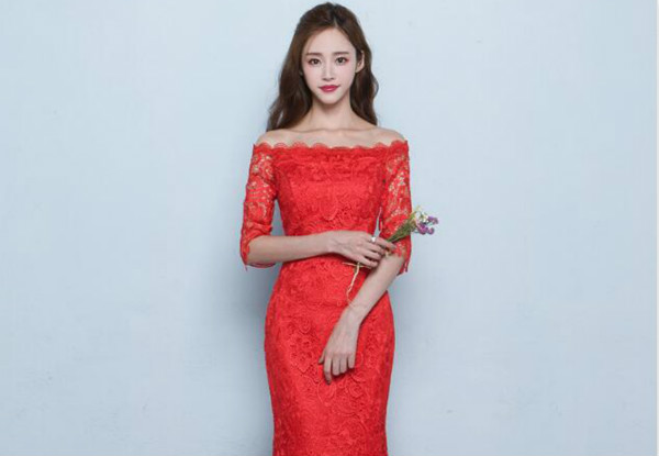 夏季性感鱼尾长款红色结婚中式礼服