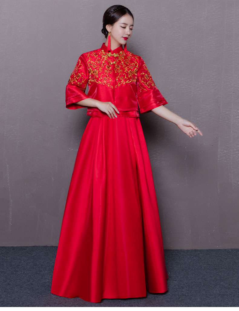 中式婚纱礼服红色旗袍长款