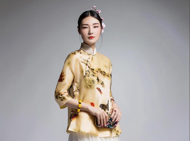 中国风复古真丝欧根缎印花改良唐装