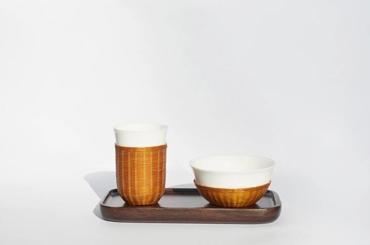 瓷胎竹编品茗杯组合