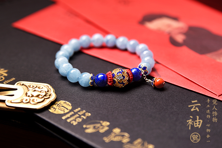 云袖古风手串，海蓝宝青金石朱砂925银手链