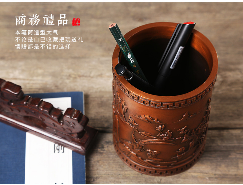 仿古喜鹊笔筒，文房四宝摆件