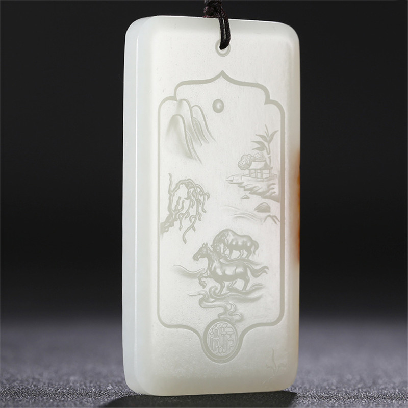 和田玉山水悠然自在挂件，白玉项链玉石。