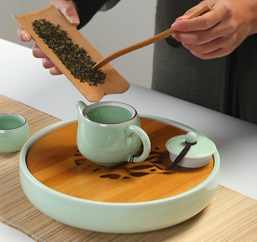 一盏清禅青瓷茶盘，陶瓷手绘荷花茶具