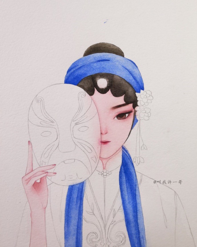 一组京剧花旦手绘水彩步骤图