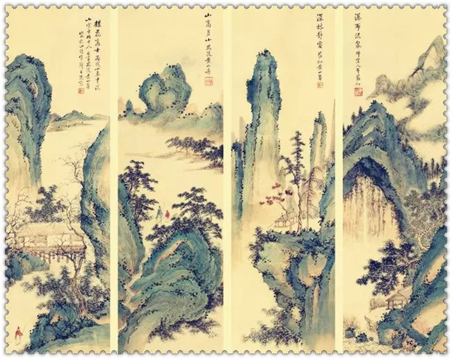 水墨四条屏山水花鸟国画欣赏（二）