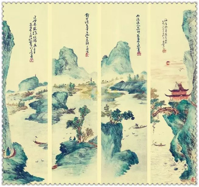 水墨四条屏山水花鸟国画欣赏（二）