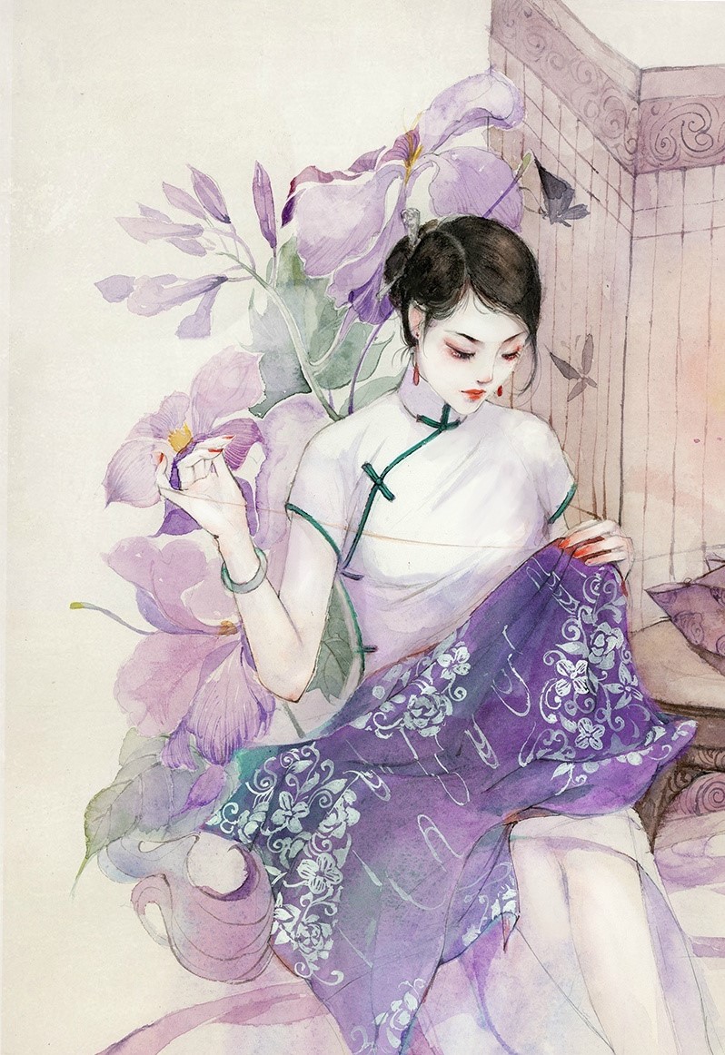 水彩旗袍女子图集，超美插画古风图片