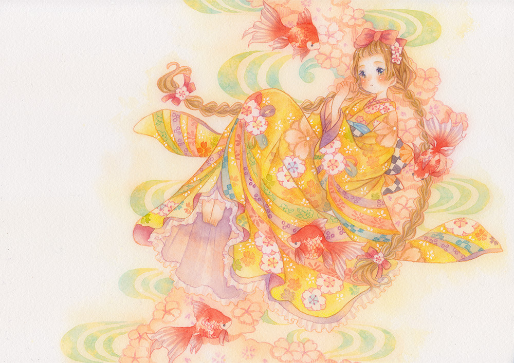 一组少女风的日系水彩插画：清新唯美萌妹纸