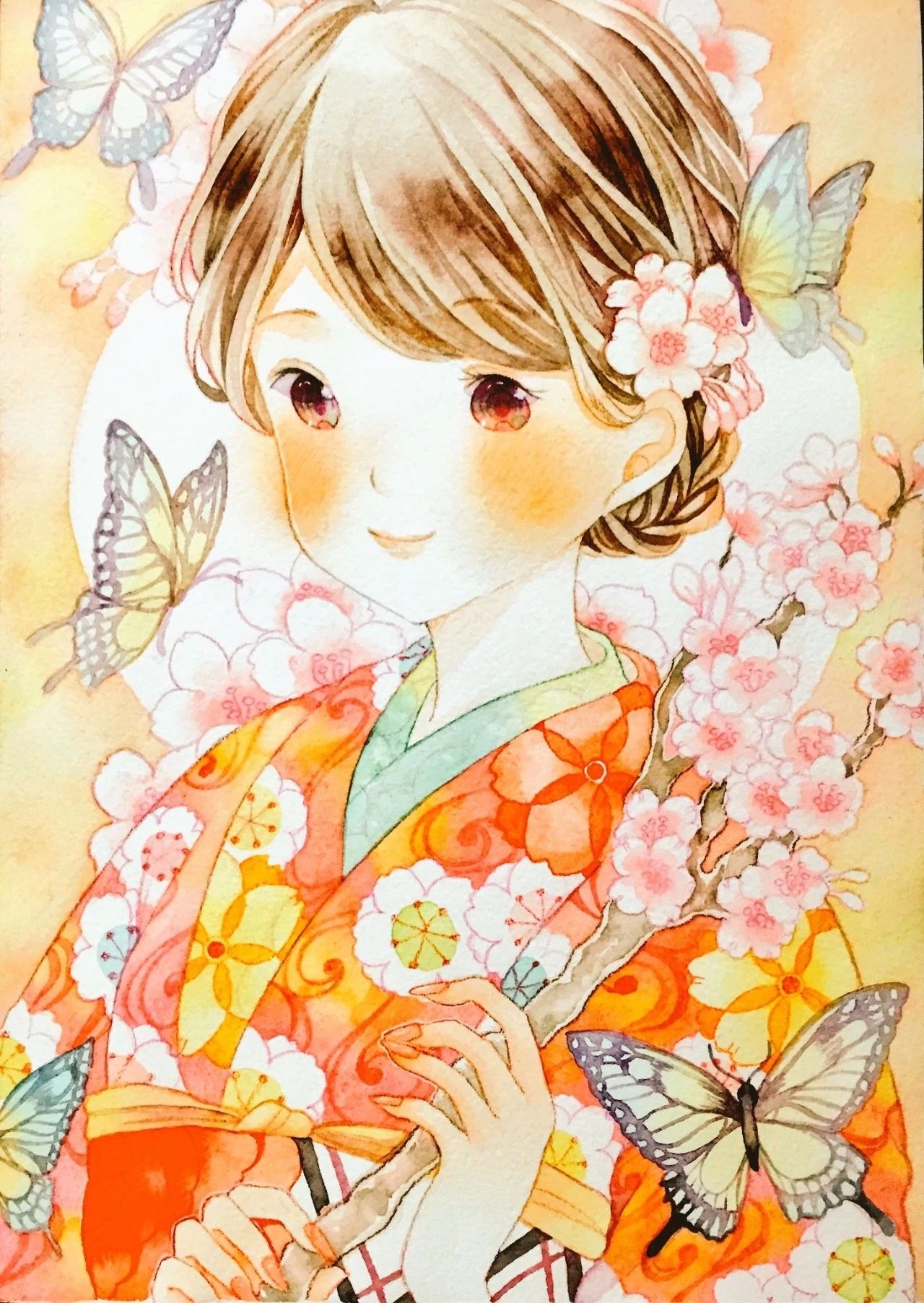 一组少女风的日系水彩插画：清新唯美萌妹纸