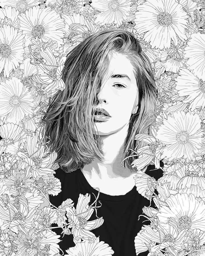 美人与花插画：用线条淋漓尽致展现女性魅力！