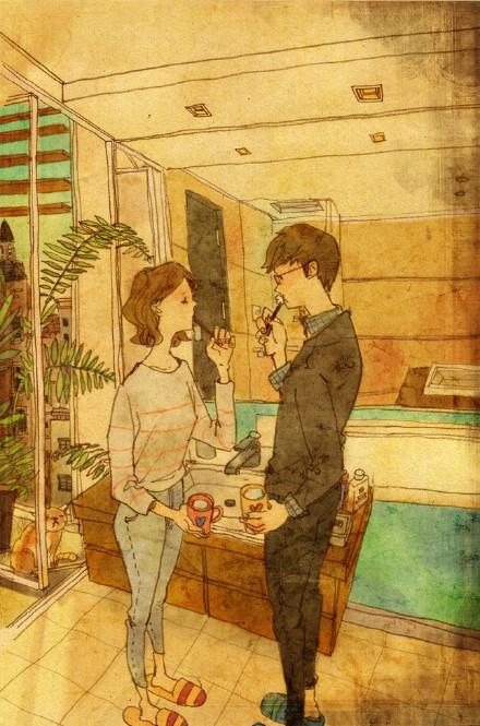 一组好看的治愈系情侣生活插画图片