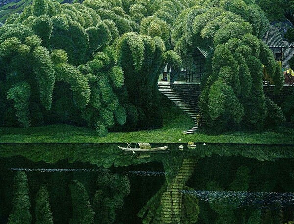 中国风山水村庄油画插画